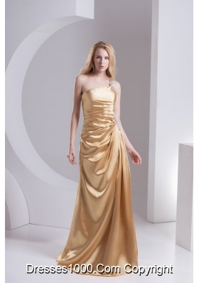 Column One Shoulder Taffeta Beading Ruching Gold Prom Dress