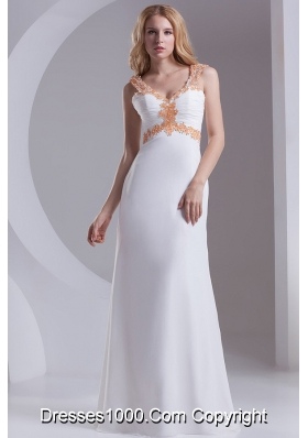 Column Straps Chiffon Appliques and Ruching White Prom Dress