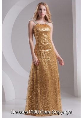 Column Straps Sequins Beading and Sequins Prom Dress in Gold