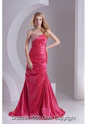 Column Sweetheart Taffeta Beading Ruching Coral Red Prom Dress