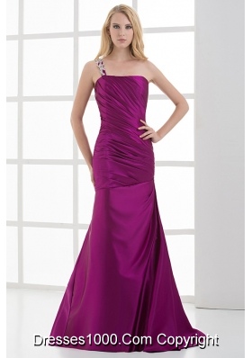 Mermaid Fuchsia One Shoulder Brush Train Beading Taffeta Ruching Prom Dress