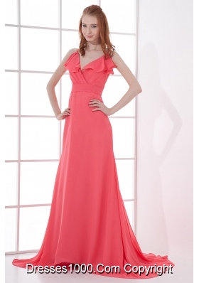 Watermelon Red Empire V-neck Court Train Ruching Prom Dress