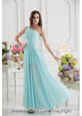 Aqua Blue One Shoulder Ruching Ankle-length Prom Dress