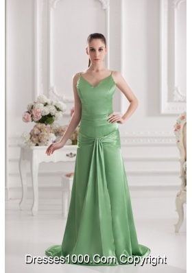 Column Spaghetti Straps Floor-length Ruching Taffeta Green Prom Dress