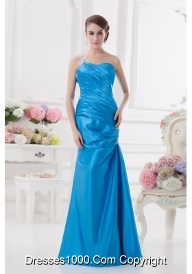 One Shoulder Column Ruching and Appliques Teal Prom Dress