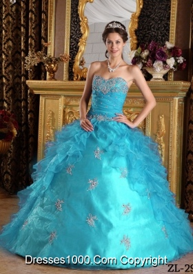 2014 Popular Aqua Blue Ball Gown Sweetheart Ruffles Quinceanera Dress with Beading