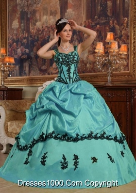 Turquoise Ball Gown Straps Quinceanera Dress  with  Appliques Taffeta