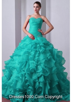 2014 Beading Quinceanea Dress in Blue Princess Sweetheart Brush Train with Ruffles