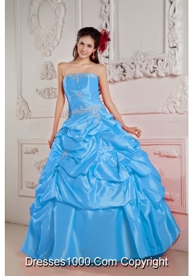 Blue Ball Gown Strapless Floor-length Taffeta Beading Quinceanera Dress