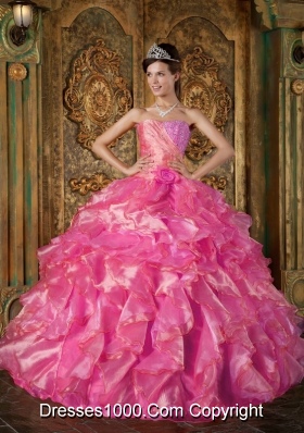 Hot Pink Ball Gown Strapless Quinceanera Dress with  Beading Ruffles