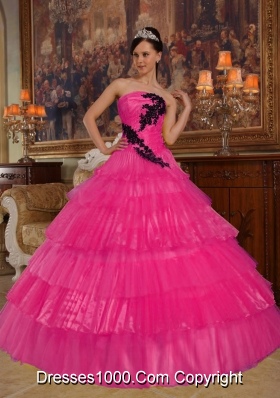 Hot Pink Ball Gown Strapless Quinceanera Dress with  Organza Appliques