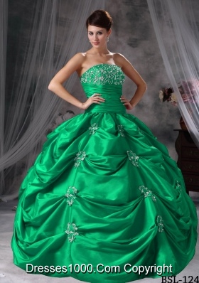 Strapless Turquoise Quinceanera Dresses with Appliques and Pick-ups