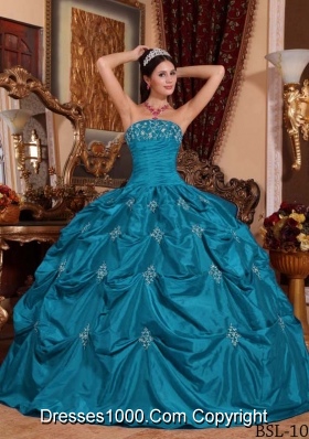 Affordable Strapless Taffeta Teal Appliques Quinceanera Dresses