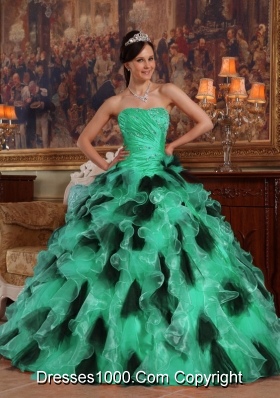 Turquoise and Black Strapless Organza Quinceanera Dresses with Ruffles