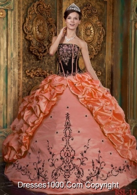 Orange Strapless Taffeta Sweet 15 Dresses with Black Embroidery