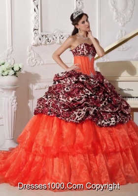 Orange Red Sweetheart Sweep Train Leopard Quinceanera Dresses with Pick-ups and Appliques