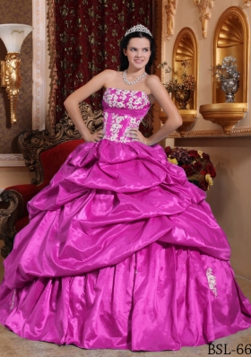 Fuchsia Ball Gown Strapless Quinceanera Dress with  Taffeta Appliques