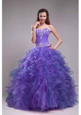 Blue Ball Gown Sweetheart Appliques Quinceanera Dress with Ruffles