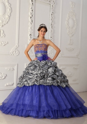 Classical Blue Strapless Court Train Zebra and Organza Quinceanera Dress