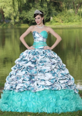 Colorful Printing Beaded Waist Ruffles Brush Train 2014 Quinceanera Dresses