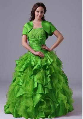 The Super Hot Puffy Green Ruffles and Beading Decorate Bust Quinceanera Dress