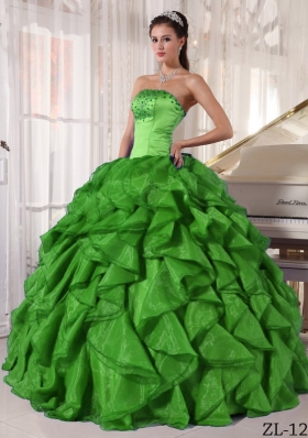 2014 Green Puffy Strapless with Ruffles and Beading Quinceanera Dress