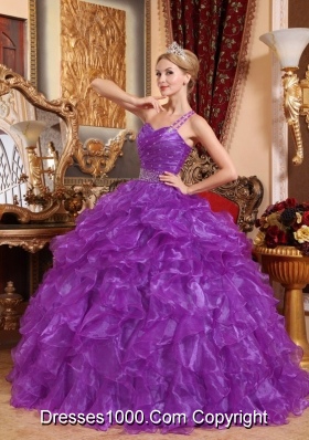 Purple One Shoulder Organza Quinceanera Gowns with Beading and Ruffles