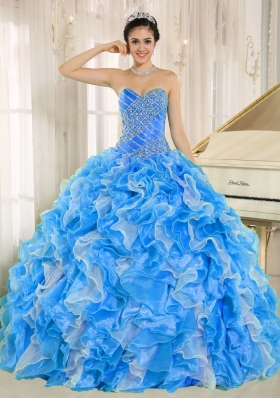 2014 Elegant Custom Made AquaBlue Sweetheart Ruffles and Beading Quinceanera Dresses