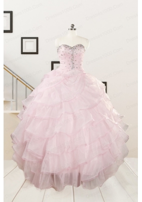 2015 Cute Baby Pink Quinceanera Dresses with Beading and Ruffles