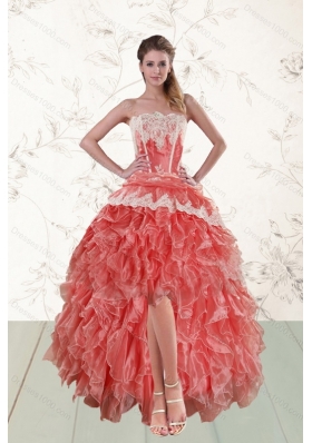 2015 Fashionable High Low Ruffled Strapless Prom Dresses in Watermelon