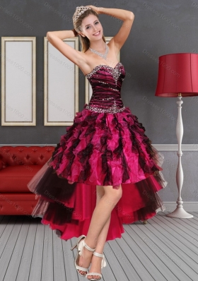 Fashionable Multi Color High Low Sweetheart Prom Dresses with Beading and Ruffles