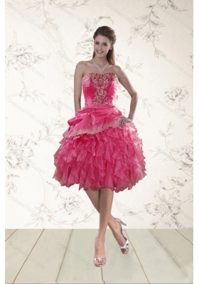 Coral Red Strapless Prom Dresses with Beading and Ruffles