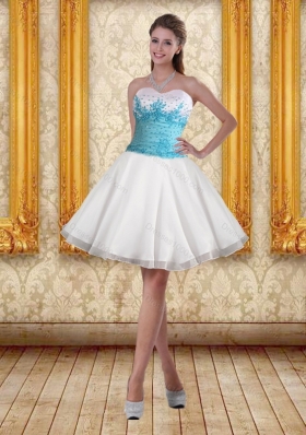 2015 White Sweetheart Sexy Prom Dresses with Blue Embroidery