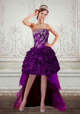 Dark Purple Strapless Sexy Prom Dresses with Embroidery and Ruffles