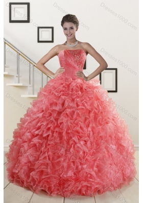 2015 Popular Watermelon Red Quince Dresses with Beading and Ruffles