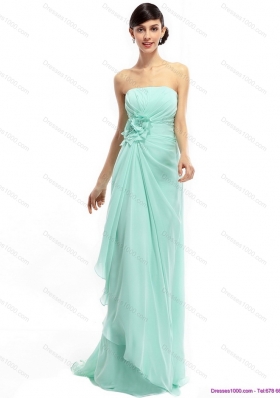 Sweep Train Apple Green Prom Dresses with Ruching and Hand Made Flower