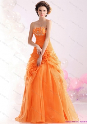 2015 Luxurious Strapless Orange Red Prom Dress with Hand Made Flowers and Beading