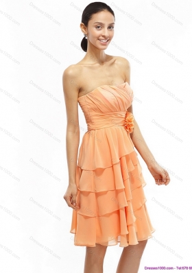 2015 Strapless Short Prom Dresses with Ruching and Hand Made Flower