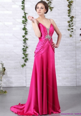 Exquisite Brush Train 2015 Prom Dress with Ruching and Beading