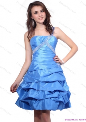 One Shoulder Baby Blue Prom Dresses with Pick Ups and Beading