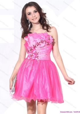 One Shoulder Hot Pink Short Prom Dresses with Ruching and Beading