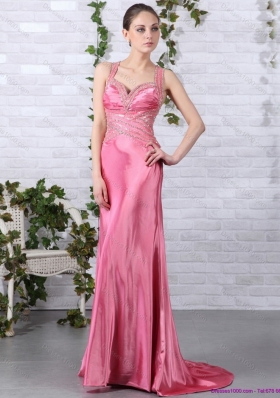 Rose Pink Beading Long Prom Dresses with Brush Train