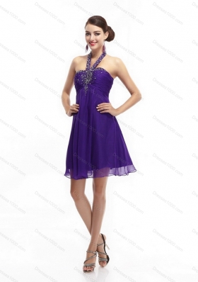 Sexy Purple Beading Halter Top 2015 Prom Dresses with Ruching