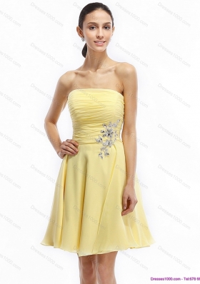 Strapless Mini Length Prom Dresses with Ruching and Rhinestones