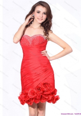 Beading Red Sweetheart Prom Dresses with Hand Made Flowers and Ruching