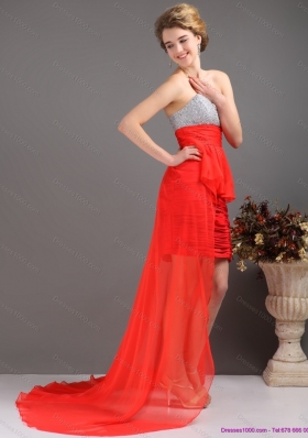 Brush Train Red High Low Prom Dresses with Ruching and Beading