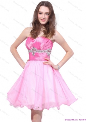 Rose Pink 2015 Mini Length Prom Dresses with Beading and Ruching