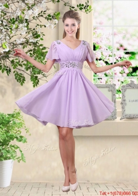 Simple A Line V Neck Beaded Prom Dresses in Lavender