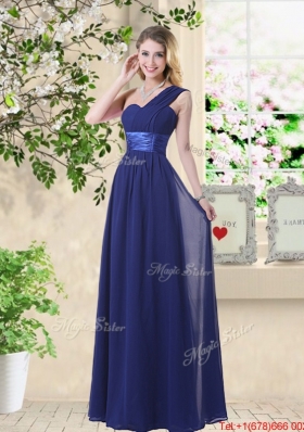 Cheap One Shoulder Floor Length Prom Dresses in Navy Blue