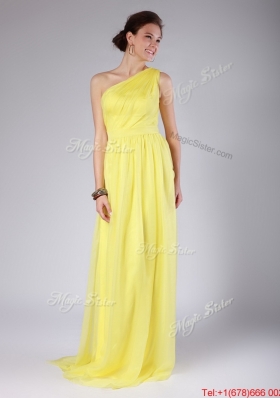 Elegant One Shoulder Sashes Yellow Prom Dresses with Sweep Train for 2016